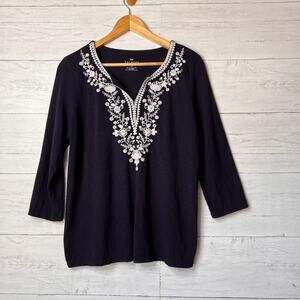 Talbots Top Womens Size MP Navy Split-Neck Embroidered Tunic Floral Detail